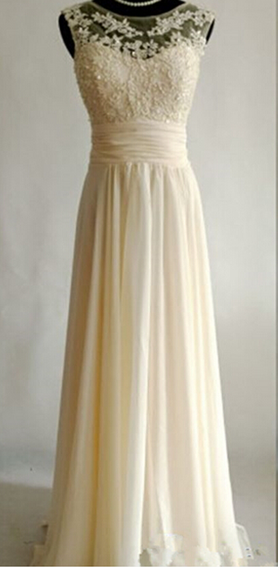 Harming Style Chiffon Floor Length Creamy Prom Dress With Applique ...