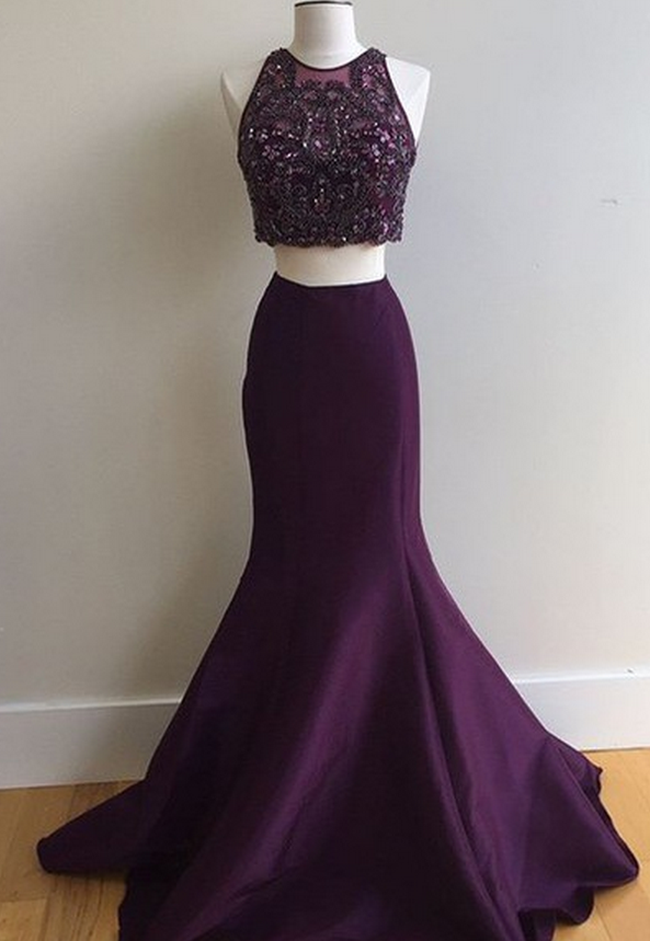 Charming Prom Dress,two Pieces Prom Dress,mermaid Prom Dress,satin Prom Dress,beading Evening Dress