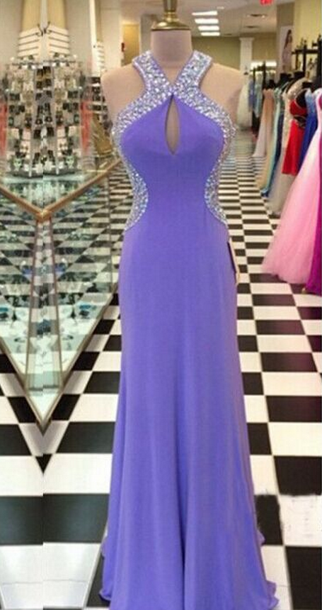 Beaded Prom Dresses A-line Lavender Purple Halter Neck Sexy Backless Long  Evening Gowns