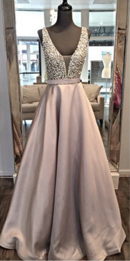 V Neck Prom Dresses, Double Straps Prom Dresses, Beading Top Prom Gown