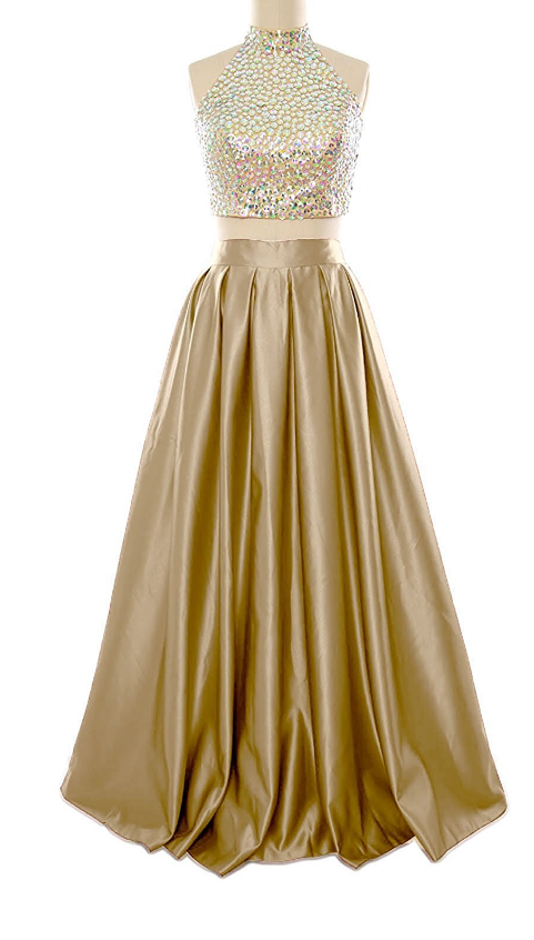 Gold Two-piece Prom Dress Featuring Beaded Embellished High Halter Cropped Top And High Rise Floor Length A-line Skirt