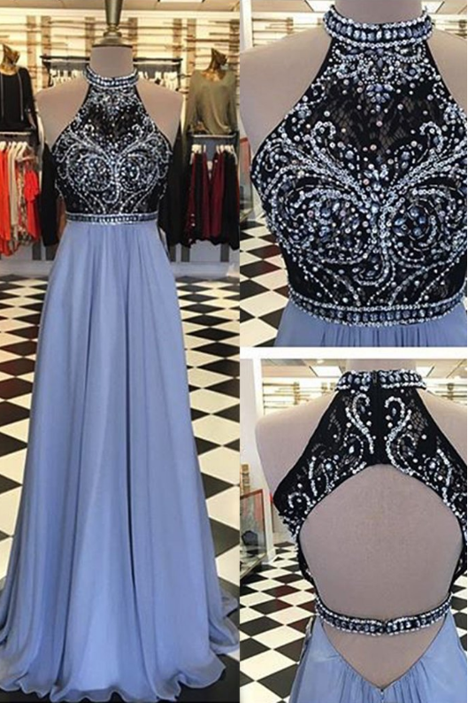 Charming Prom Dress, Black And Blue Prom Dress, Halter Prom Dress, Beads Top Sleeveless Open Back Evening Gown Formal Prom Dress