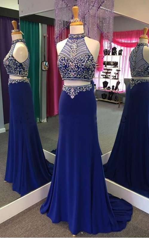 High Neck Heavy Beads Prom Dresses , Two Piece Prom Dresses, Royal Blue Gown For Party