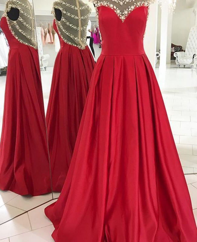 Sexy Prom Dress,sheer Neck Pearl Beading Prom Dresses, Charming Prom Gown, Formal Red Prom Evening Dresses