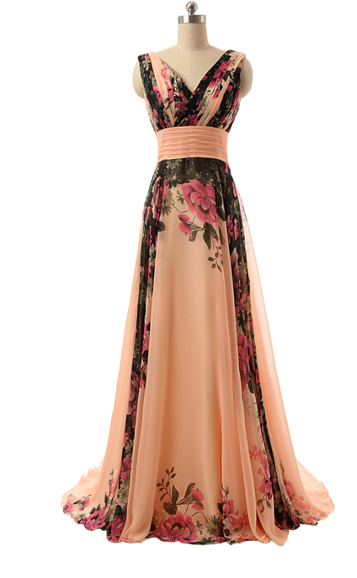 Bridesmaid Dresses,-classic Shoulder Flowers Pattern Print Chiffon Long Prom Dresses