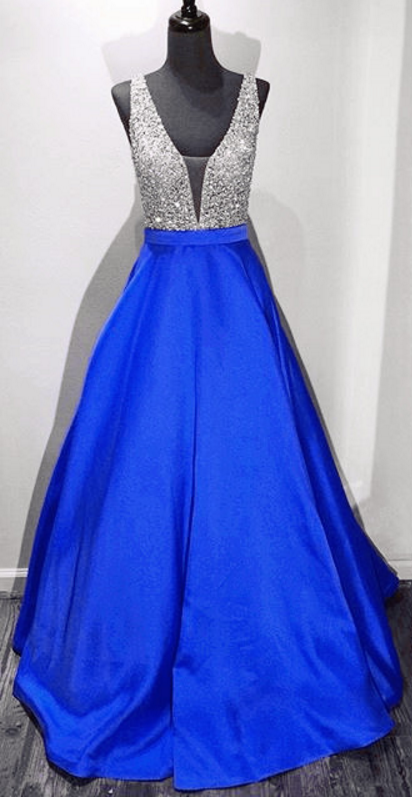 Prom Dress,women's Deep V Beading Sequin Long Prom Gowns ,ball Gown Satin Prom Dresses