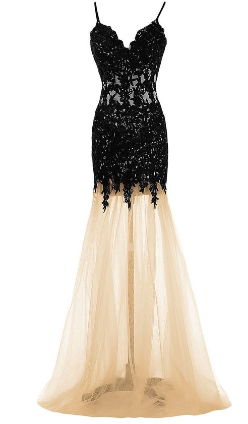 Black Lace Plunge V Spaghetti Strap Floor Length Tulle Mermaid Formal Dress, Prom Dress