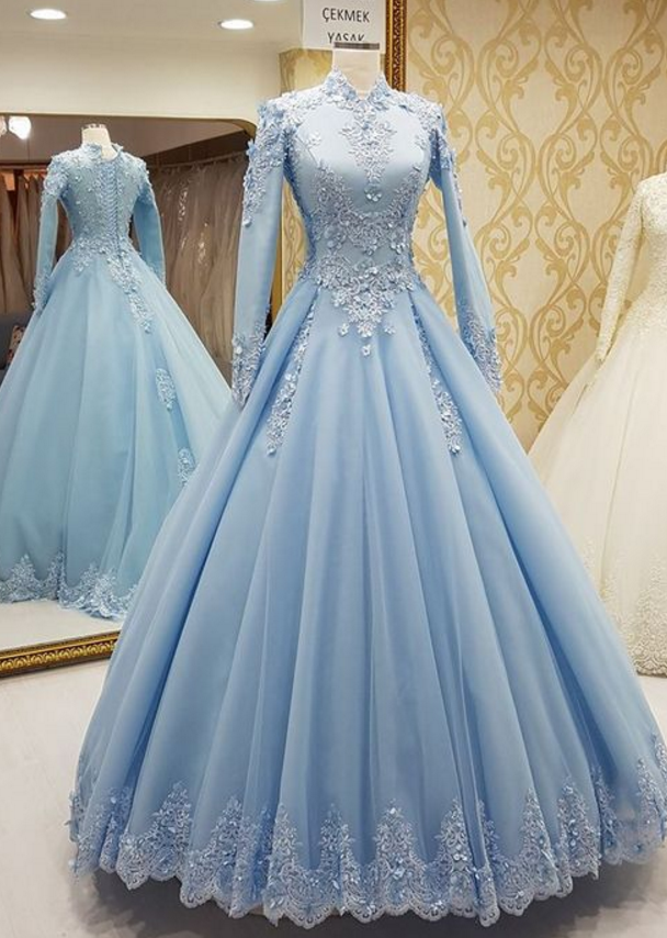 Light Blue Formal Occasion Dress With Long Sleeves