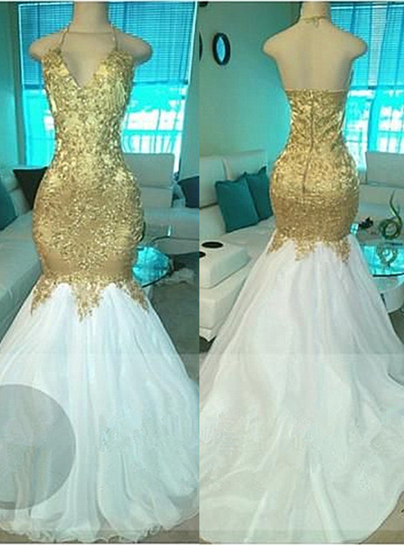 Halter Mermaid Prom Dress With Gold Bodice On Luulla