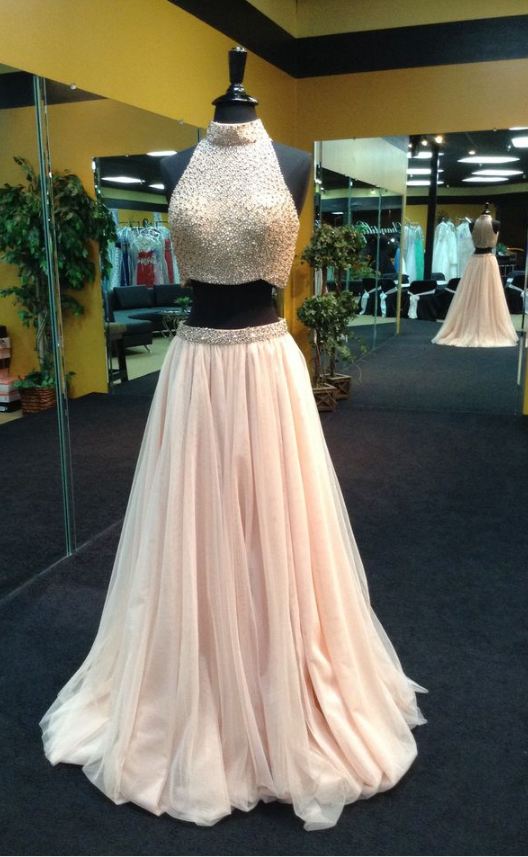 Two Pieces Prom Dress Gown With Beads Pearls