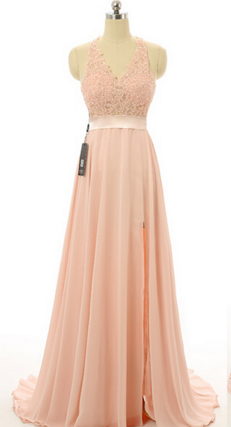 Blush Pink Halter V-neckline Lace Prom Dress, Bridesmaid Dress With High Split