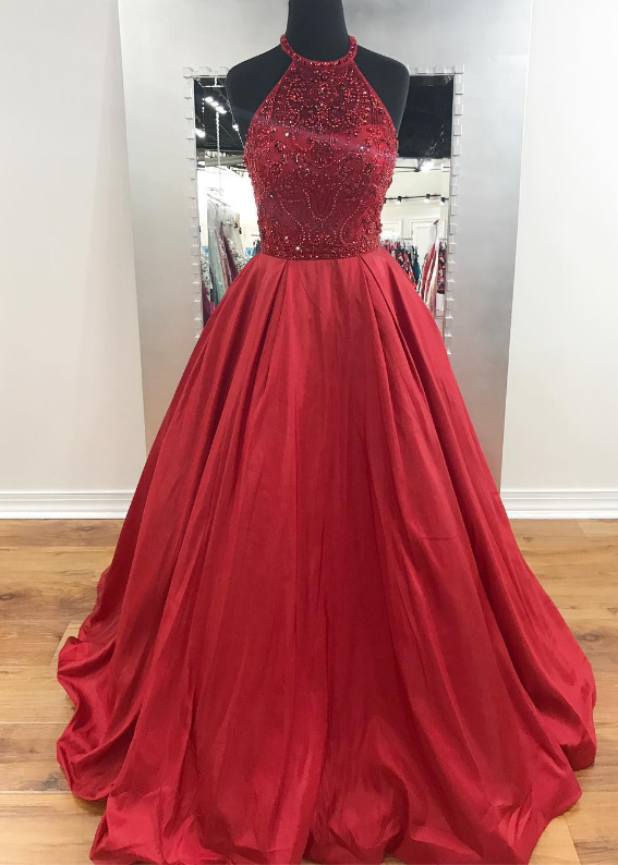 Halter Dark Red Long Prom Dress With Beads