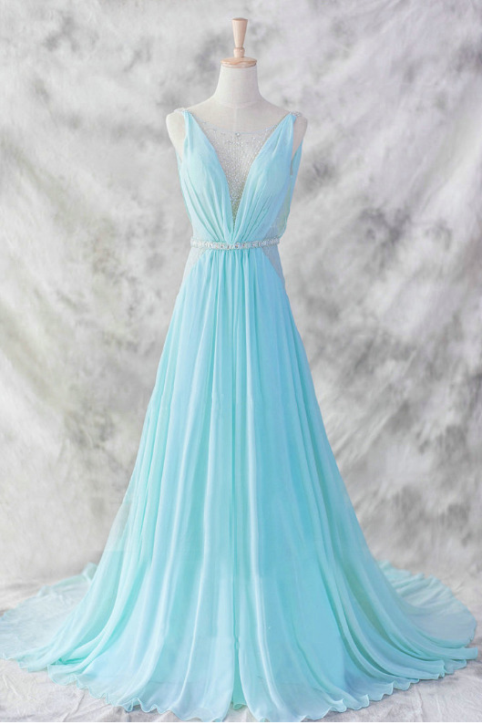 Open Back Light Blue Long Chiffon Formal Occasion Dress