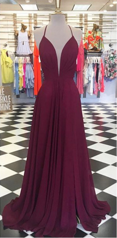 Plunging Neck Long Prom Dress With Open Back