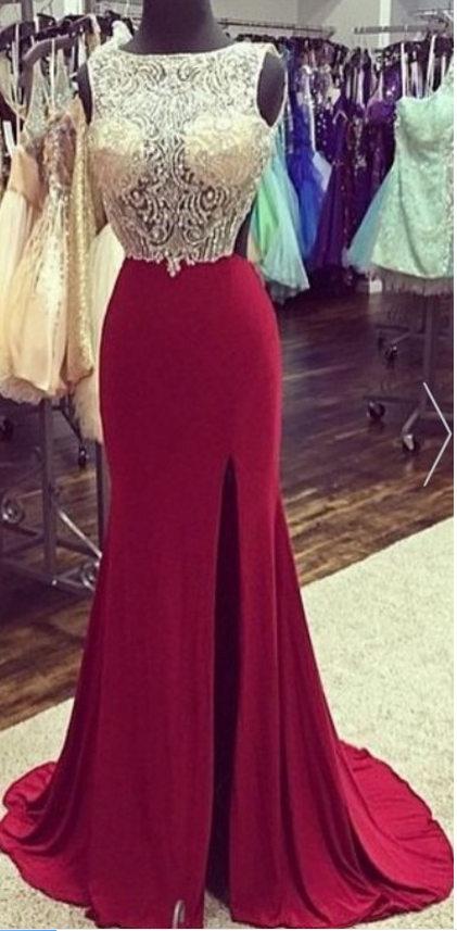 Illusion Bodice Beaded Prom Dress With Side Slit
