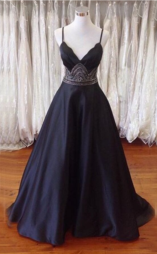 Spaghetti Straps Open Back Black Prom Dress With Beading Evening Dresses