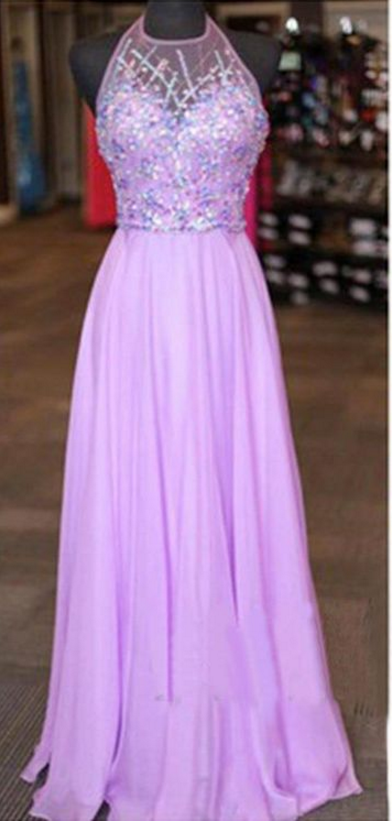 Halter Lilac Beaded Prom Dress Evening Dresses