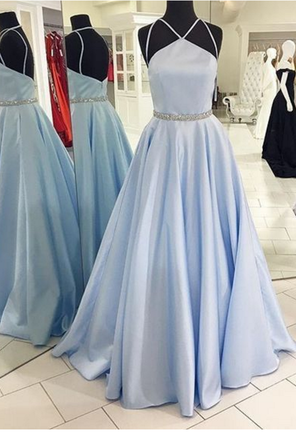 Light Blue Long Satin Prom Dress With Beaded Waist Evening Dresses