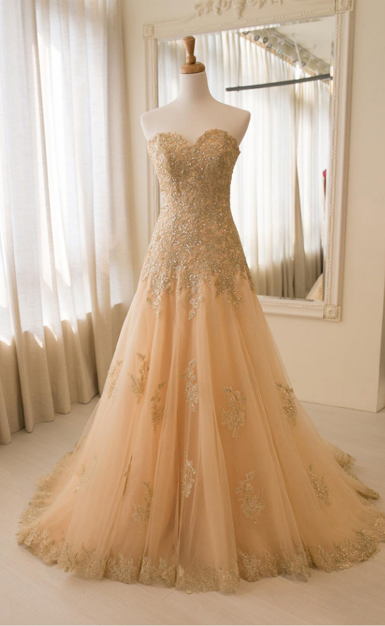Strapless Champagne Wedding Dress With Appliques Evening Dresses