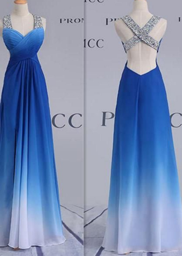 Blue Long Prom Dress With Beaded Straps Evening Dresses