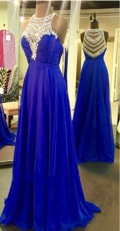 Illsuion Neck Long Chiffon Royal Blue Prom Dress With Beading Evening