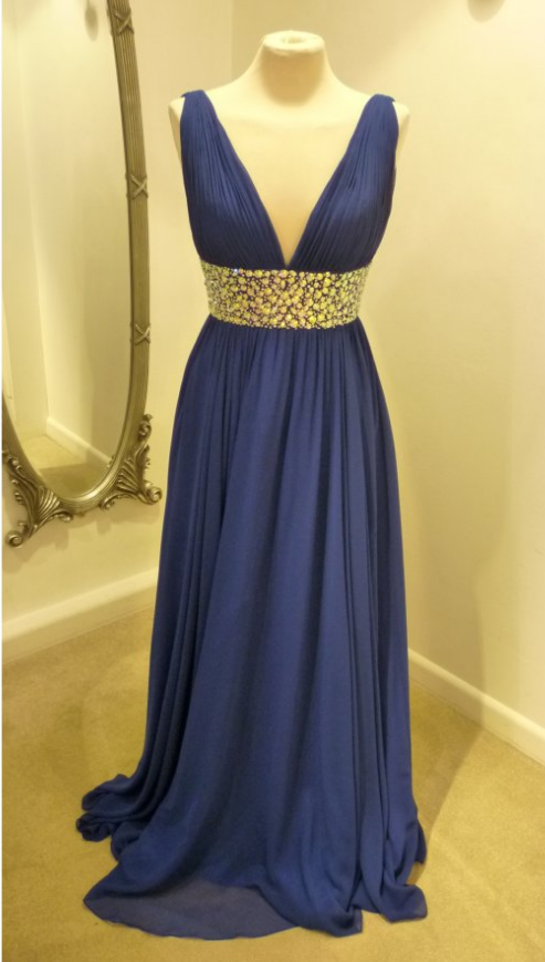 Long Chiffon Dress with V Neck and Bow Straps Royal Blue