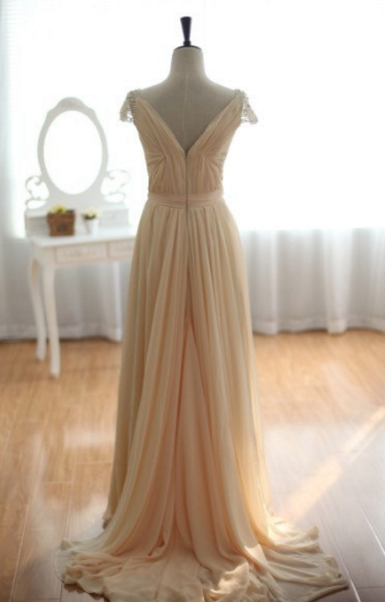 Chiffon and Lace Appliqued Long Dresses Champagne