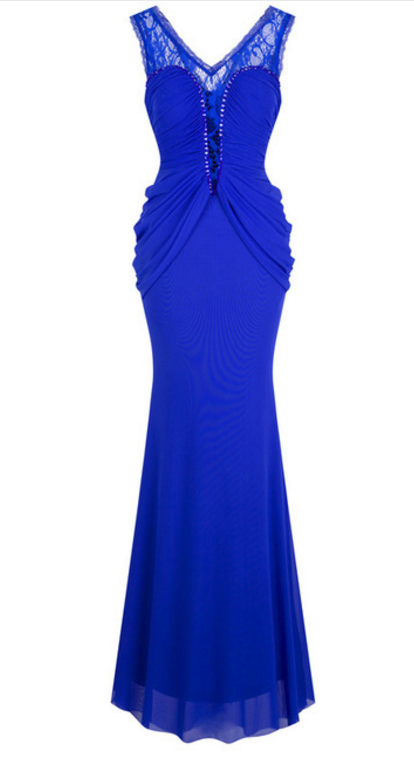 A Formal Evening Dress With A V-neck, Necklaces, And A Pleated Mermaid Court Evening Gown