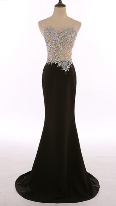 The Real Picture, The Neck Crystal Sheath Dress Mermaid Black Gown, Elegant Dress, Bridal Gown