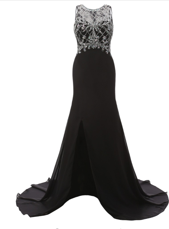 Elegant O- Neck Slit Mermaid Sleeveless Long Evening Dresses Black Chiffon Beading Floor Length Vestido De Noiva