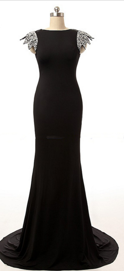 Black Chiffon Spoon-cap Sleeveless Ball Gown With A Long Evening Gown