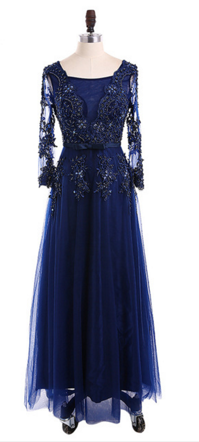 Long Formal Evening Dress, A Row Of Royal Blue Tulle, Long Sleeves, Long Sleeves