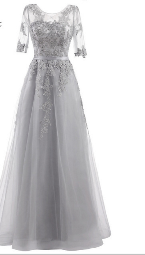 A Grey Formal Gown With A Long, Half-sleeved Dress Evening Dress