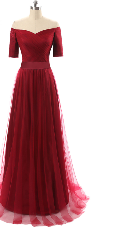 Tulle Evening Gown, Short Sleeves Long Formal Evening Dress