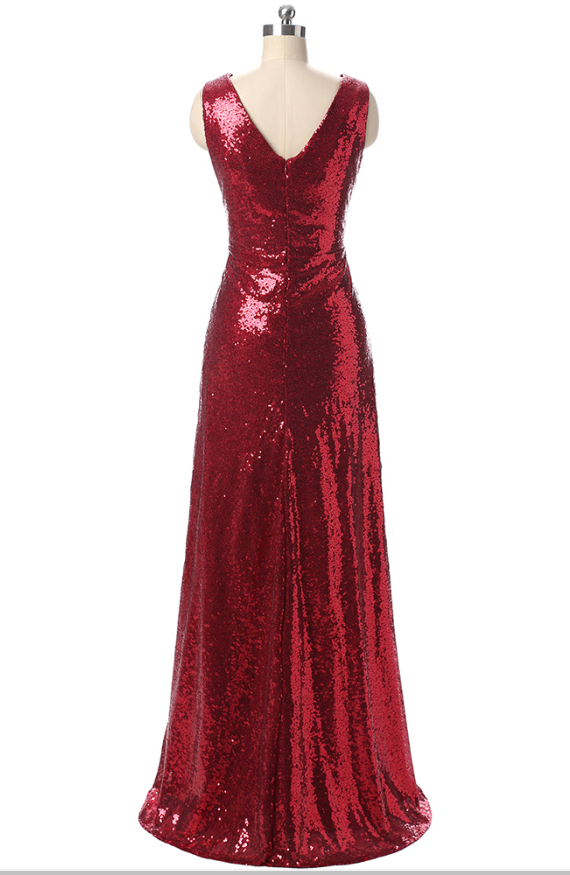 Sequined A-Line V-neck Satin Gown with Pleated Skirt Gold main image 1