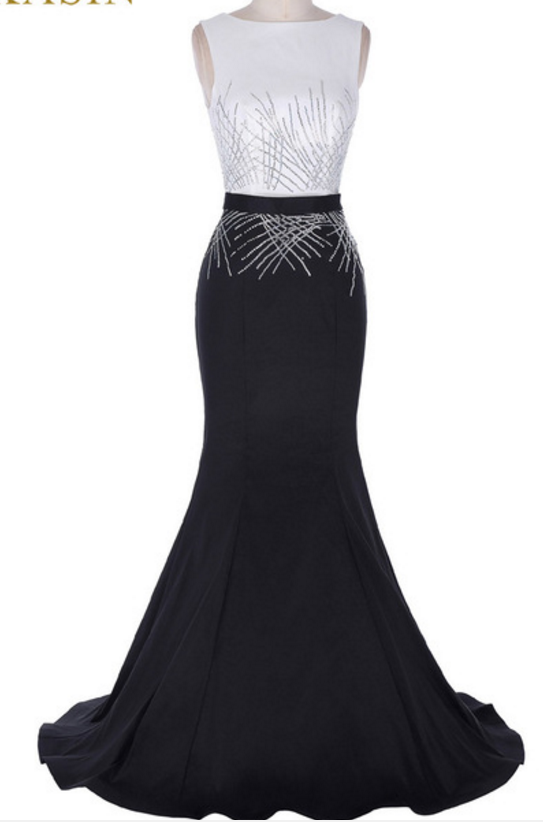 The Mermaid Ball Gown With A Sequined Wedding Gown With A Black White Sexy Horn Deep V Back Gown Evening Dresses