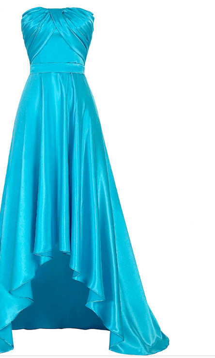 A Blue Short Front - Back Ball Gown With A High Prom Gown And A Sexy Satin Pleated Dress