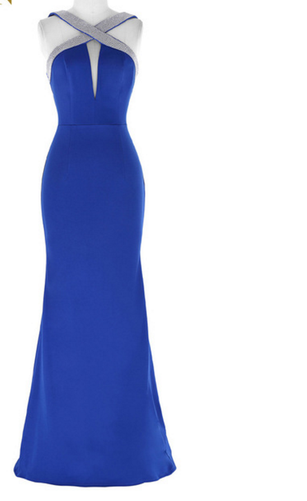The Crystal Sequined "mermaid Evening Gown" Mermaid Evening Gown, Long V-shaped Keyhole Dress Royal Blue Evening Dress