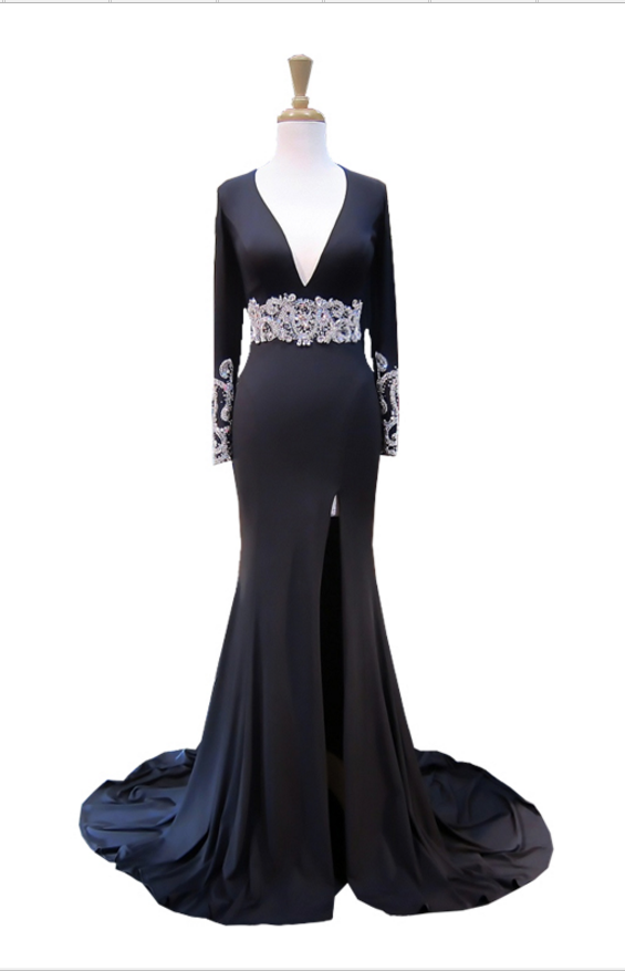 Sexy Mermaid Evening Gown, V-neck Long Sleeveless Crystal Floor-length Black Tuxedo