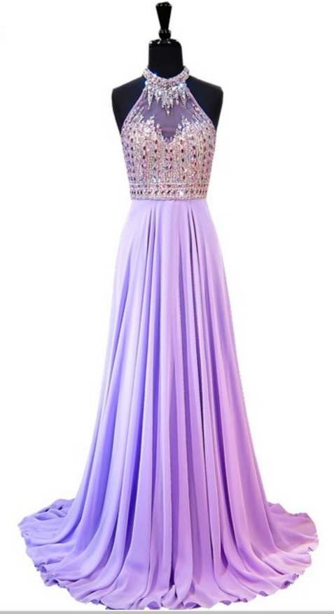 strapless open back dress Glitter Lilac A-line Straps Long Prom Dresses