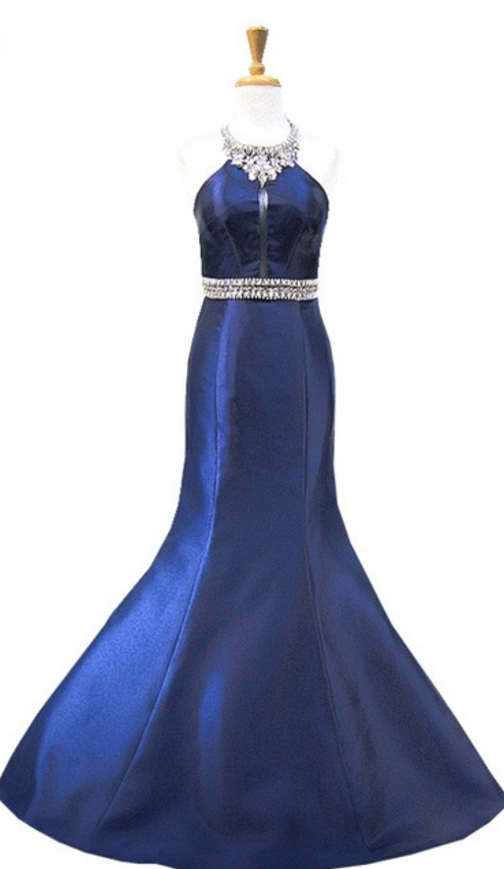 Long Mermaid's Evening Dress Neckline, Beaded Crystal, Formal Evening Dress With Navy Blue