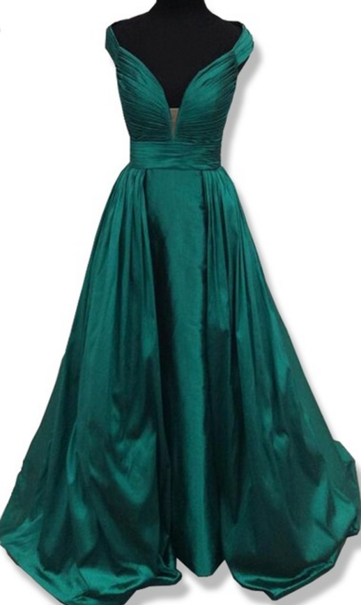 Elegant V-neck, Straight Sleeves, Satin Emerald Green Women's Formal Evening Dress
