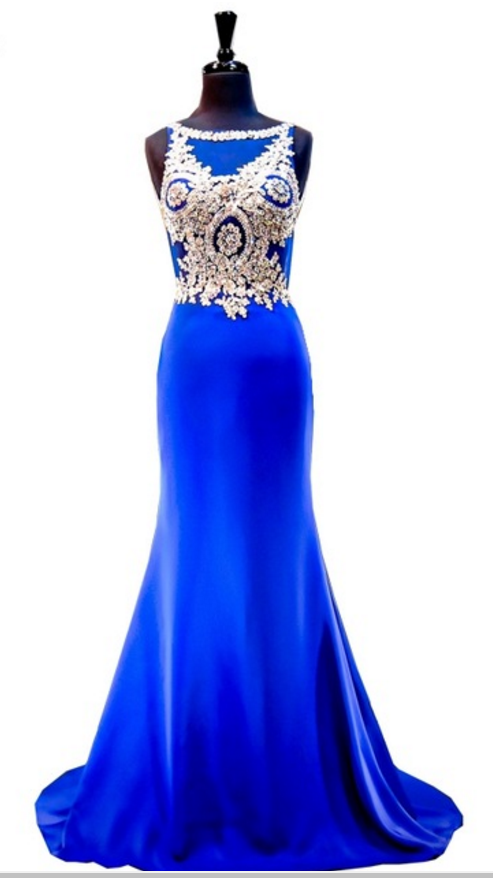 Mermaid Style Sleeveless Golden Lace Floor-length Women, Royal Blue Evening Dress