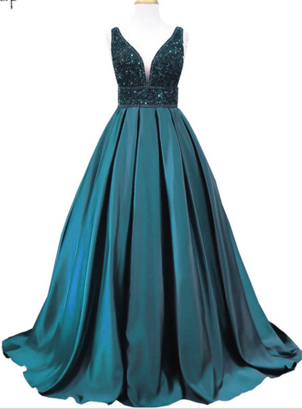 Long Emerald Evening Gown, Prom Dress V Neck Sleeveless Women's Formal Evening Gown