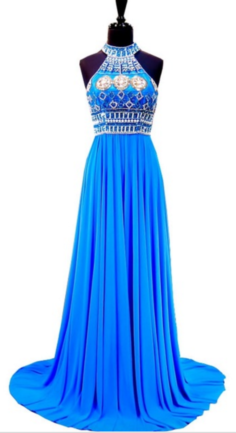 An Amazing Long Evening Gown With A High-necked, Sleeveless Crystal Floor-length Crystal Floor Length With A Blue Chiffon Gown