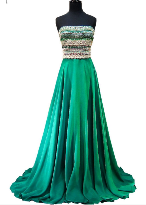 The Night Gown, The Stunning Strapless Pearl Crystal Women's Formal Emerald Green Evening Gown