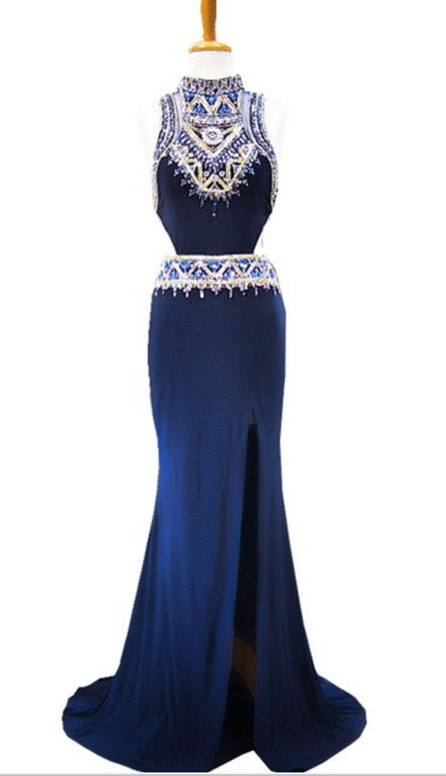 Long Evening Gown, Sexy High-necked, Sleeveless Crystal Floor-length Navy Mermaid Evening Gown