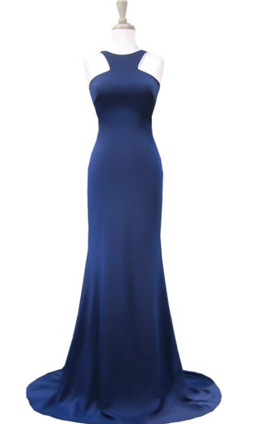 Simple Evening Dress, Mermaid Neckline Sleeveless Navy Blue Silk Dress