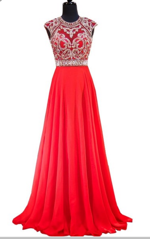 Long Evening Gown, Stunning Exclusive Neckline Crystal Floor-length Red Women's Formal Evening Gown