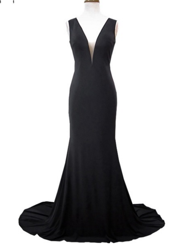 Simple Mermaid Deep V Neck Sleeveless Elastic Floor Length Black Dress Gown Evening Dresses